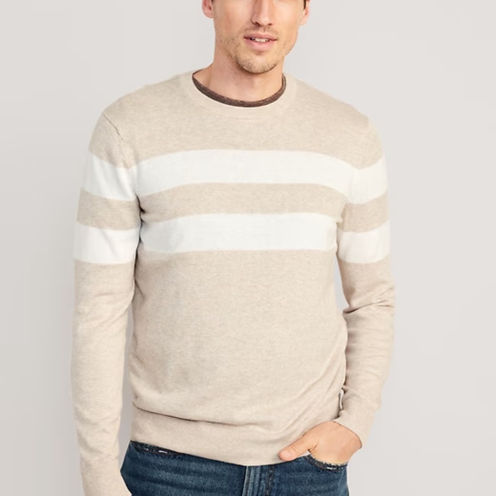 NEW Men's OLD NAVY Striped Crew-Neck Sweater Oatmeal Stripe Medium TALL